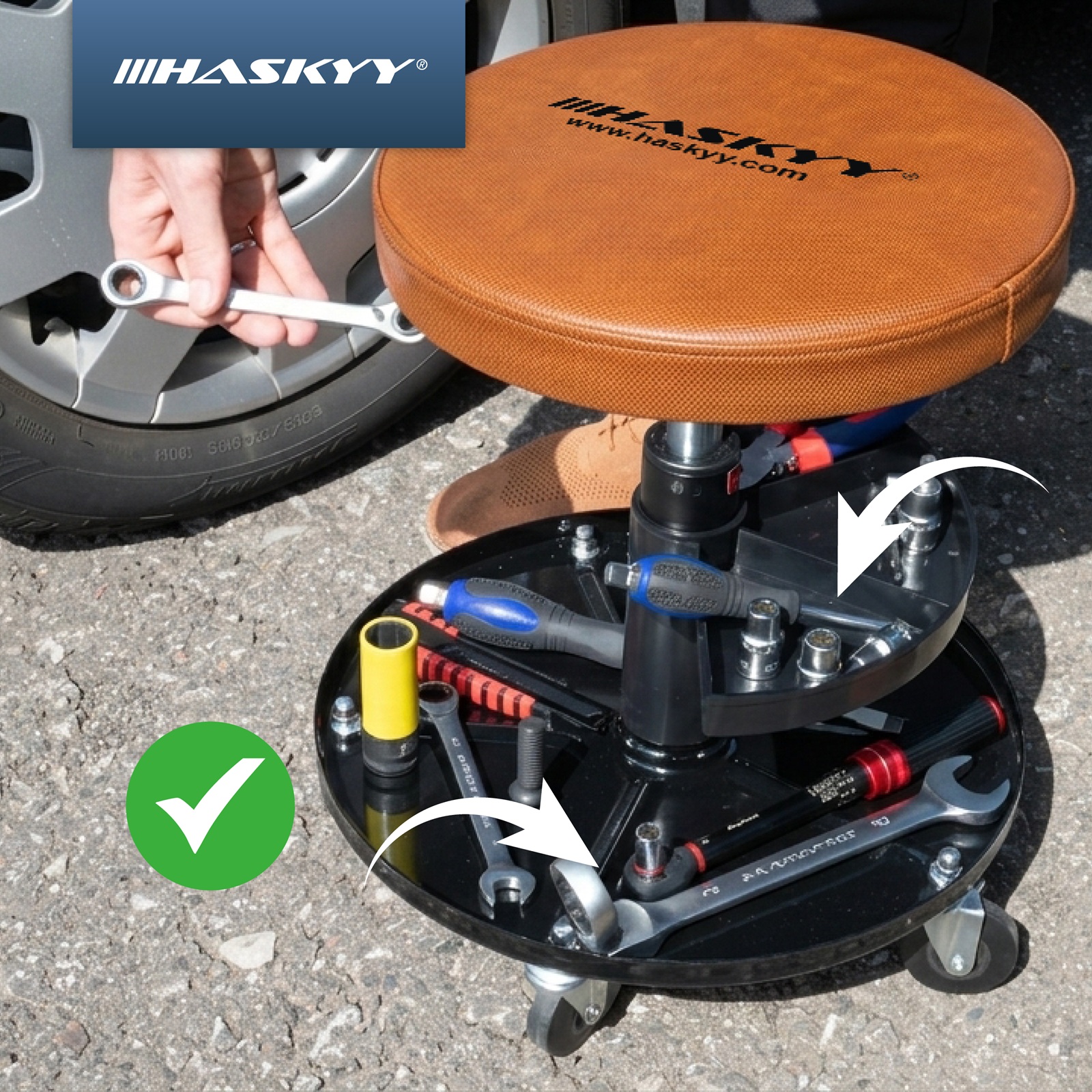HASKYY Werkstatthocker Rollhocker | Höhe 430-580mm | 135kg | ø40 cm |  Kunstleder Braun