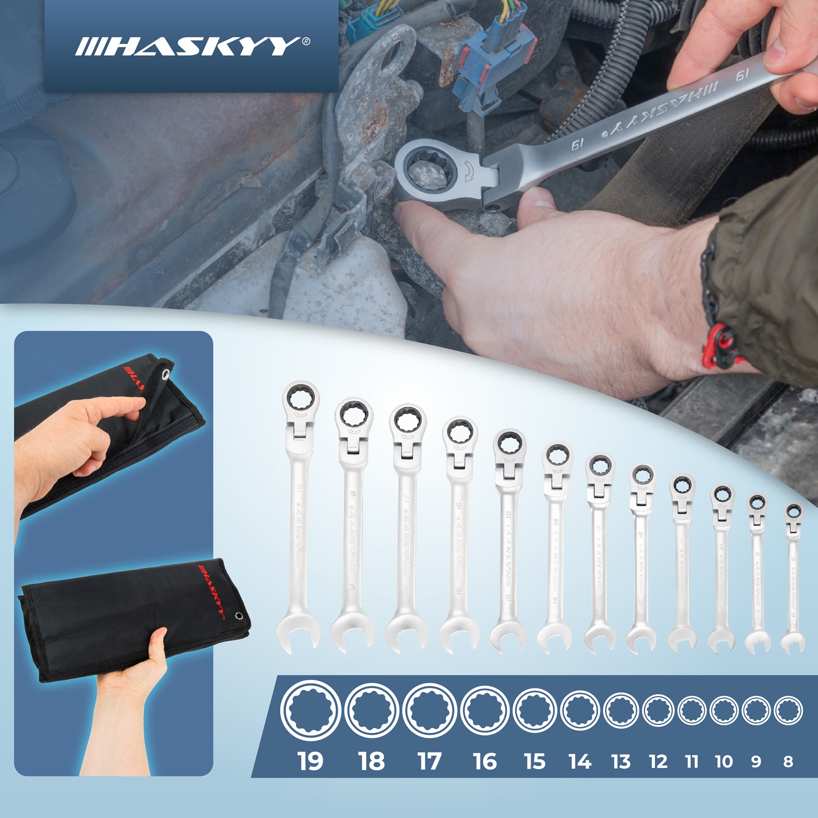 HASKYY Steckschlüssel Satz Vielzahn 1/2" 8-36mm & Gelenk Ratschenschlüssel 8-19mm Set 33tlg.